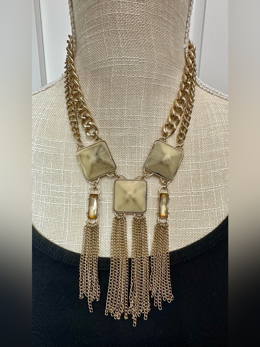 MCM Gold-Tone Tassel Necklace Marbled Squares with 2 Rectangle Crystals Bohemian